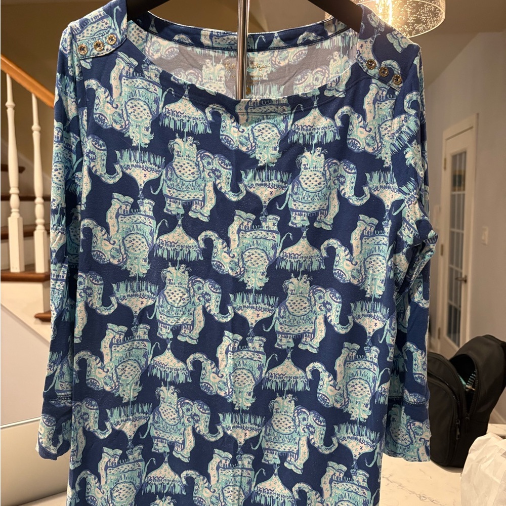 Lilly Pulitzer Blue and White Elephant Print Blouse